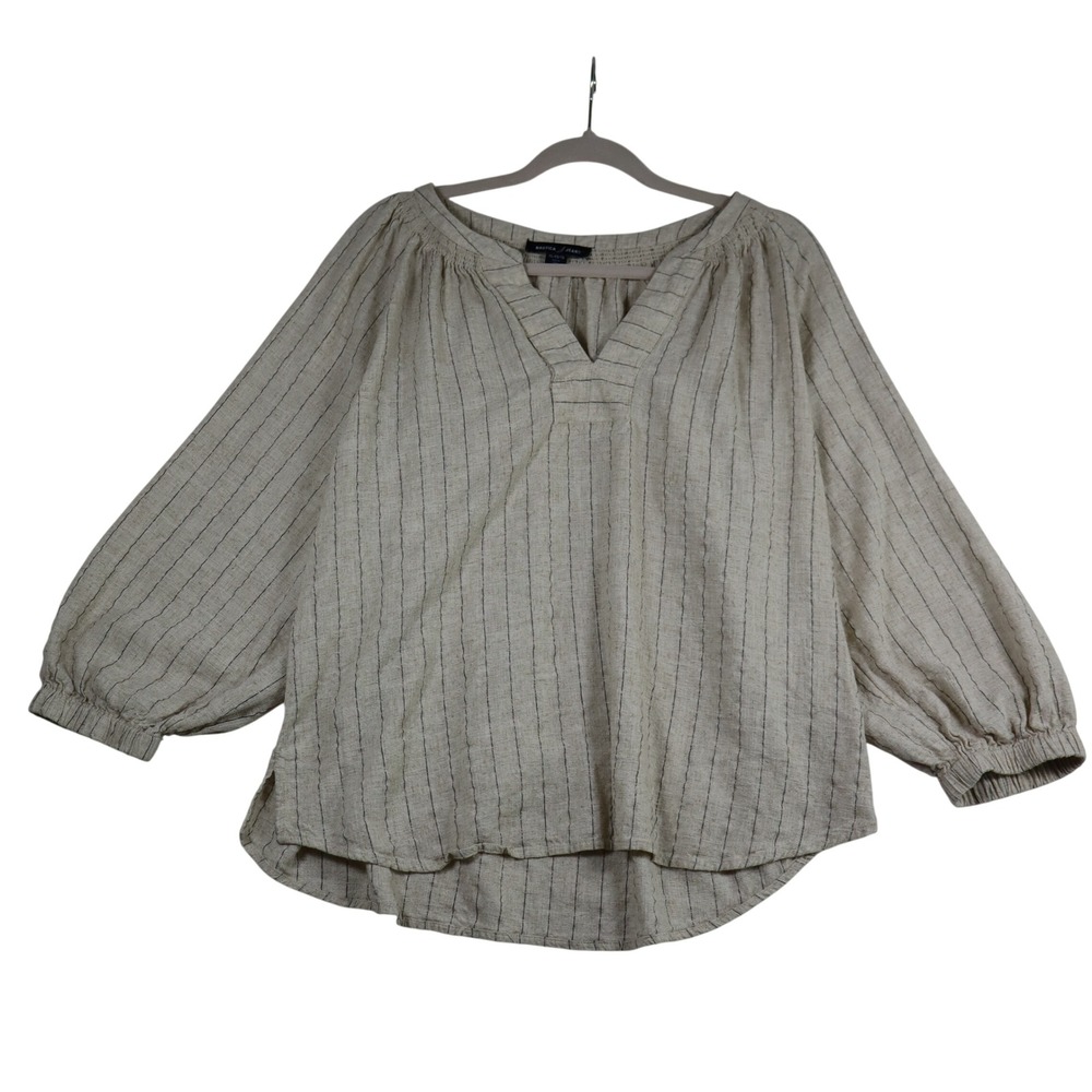 Nautica Long Sleeve Tunic Top Linen Blend XL White Striped V-Neck Boho‎ Coastal
